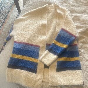Cozy Cream Cardigan with Blue & Yellow Stripes